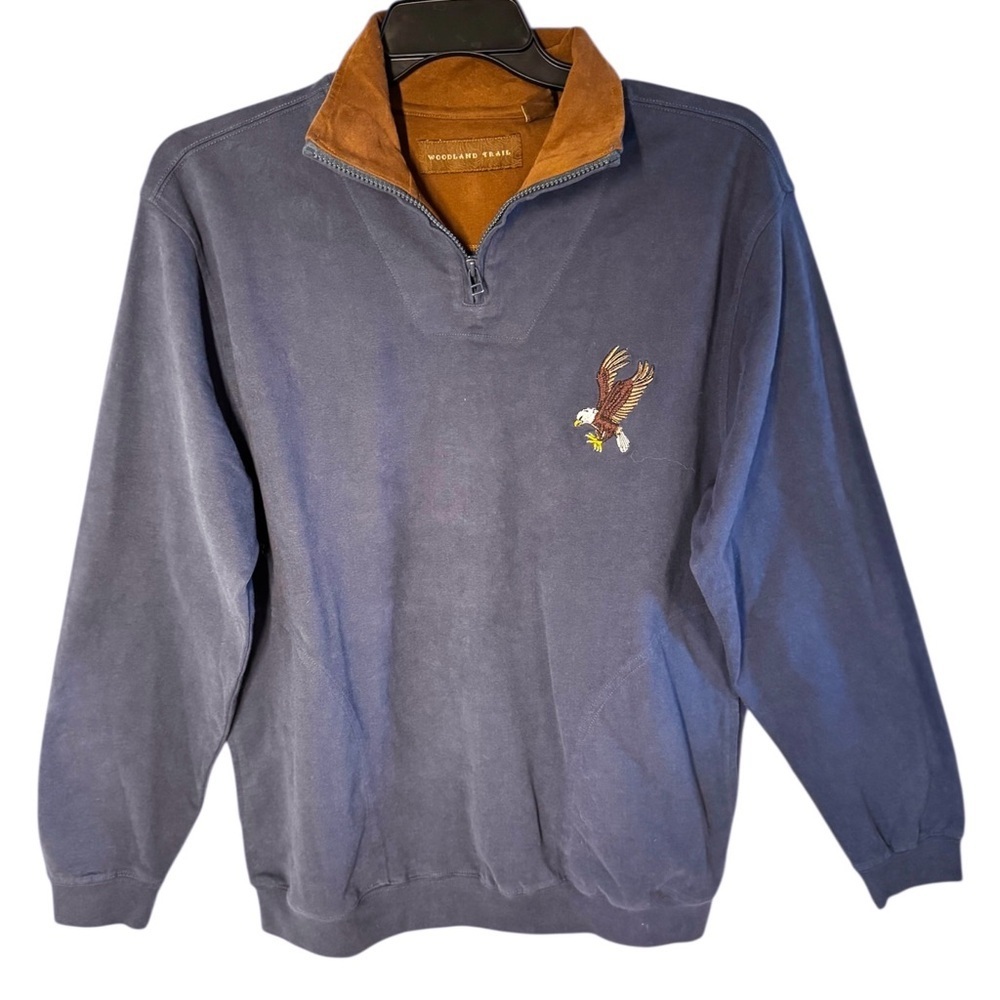Woodland Trail Men’s 100% Cotton Navy 1/4 Zip Embroidered Eagle Sweatshirt Sz M